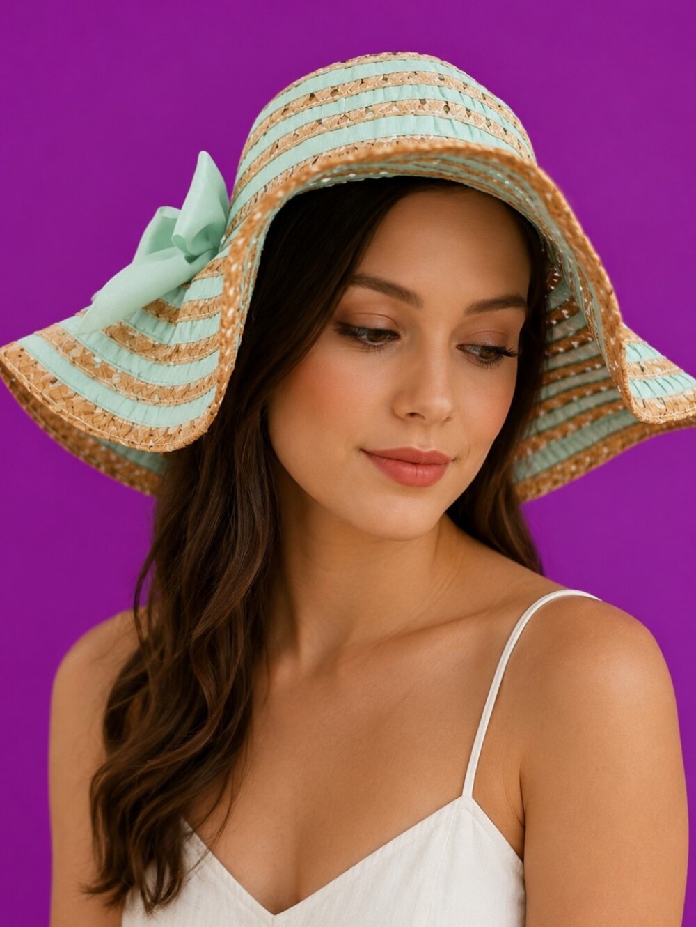 CHATTIES Mint Ribbon Striped Straw Floppy Wide Brim Hat